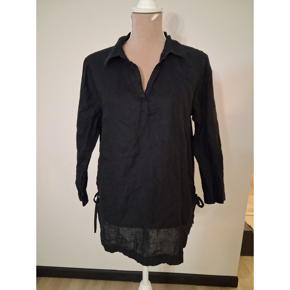 Isaac Mizrahi New York Black 100% Linen Side Lace Up Tie Tunic Top Womens Large